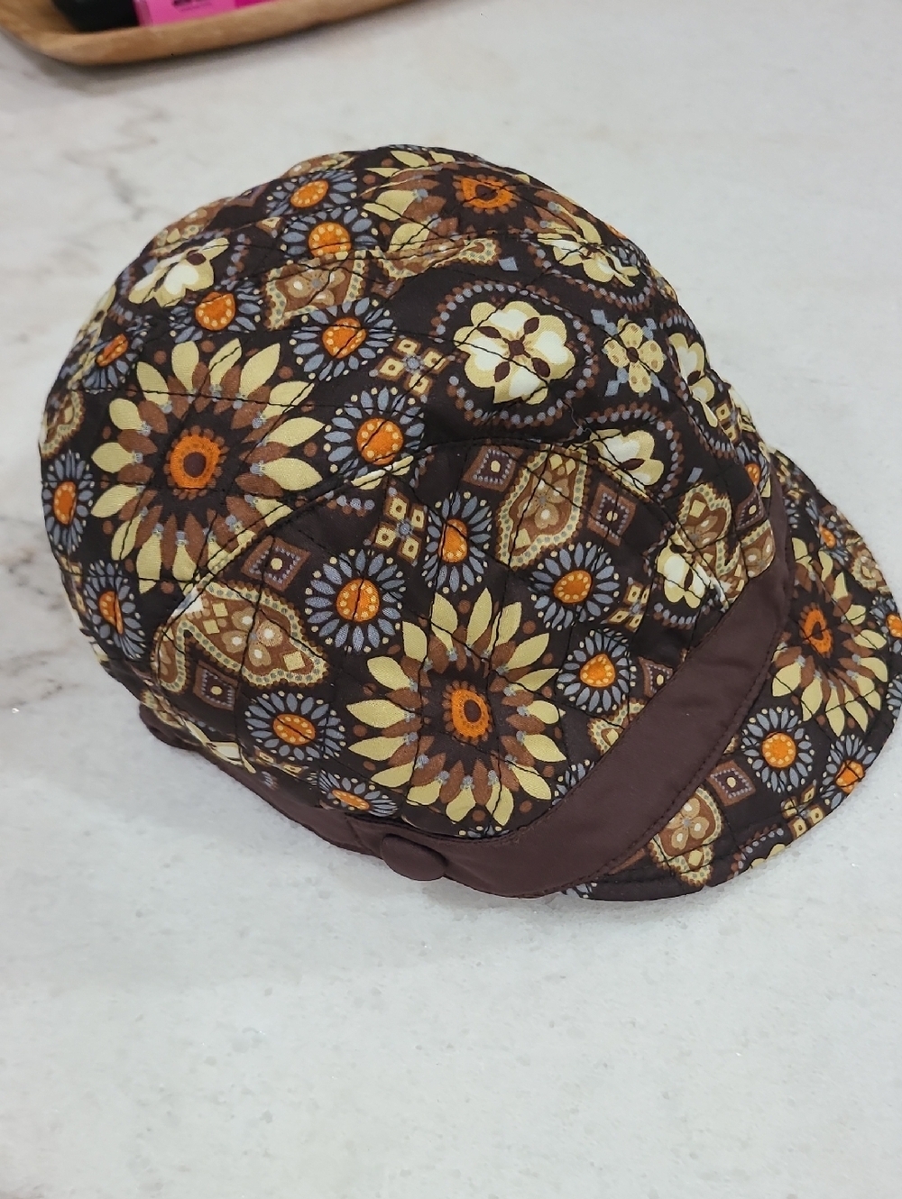 Quilted Floral Patchwork Cap in Brown & Mustard